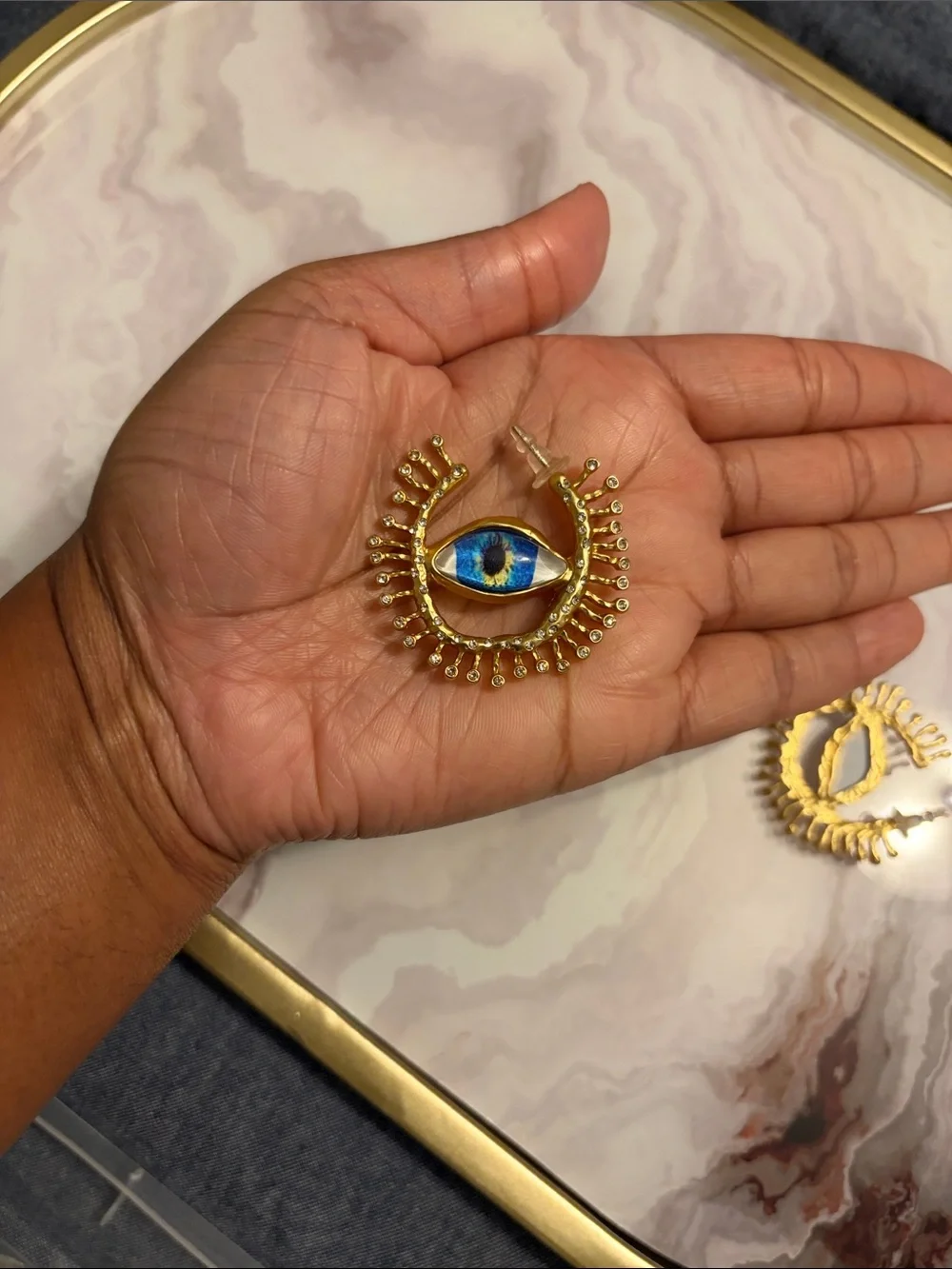 Gold Eye Statement Earrings with Blue Iris